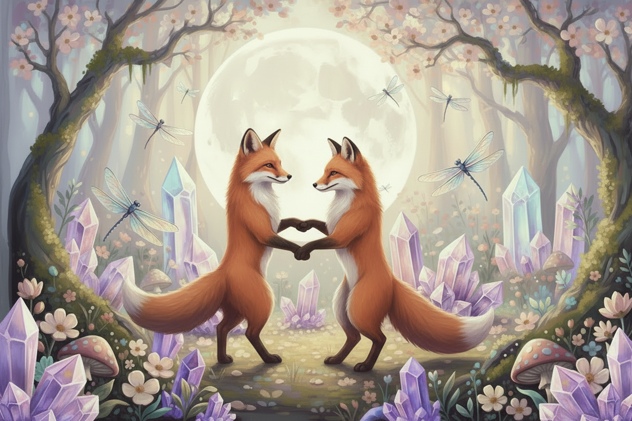 Two Foxes Dancing in Moonlight